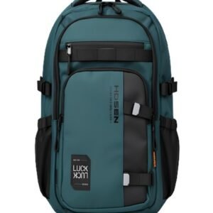Morral negro de alta resistencia marca HOSEN con texto "Unlimited Creativity", múltiples correas de ajuste frontal, parches decorativos "LUCK" y diseño de múltiples compartimentos.