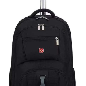 Mochila ejecutiva negra con sistema de ruedas y mango telescópico extendido, múltiples compartimentos frontales con cremalleras plateadas y logotipo circular rojo en el centro.