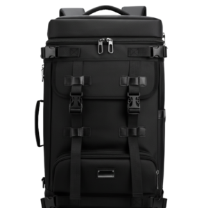 Mochila técnica negra de estilo cargo con múltiples hebillas de clip frontales, diseño de carga superior, compartimento frontal con cremallera y correas ajustables.