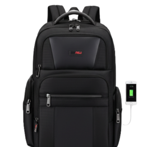Mochila ejecutiva negra de gran capacidad con múltiples compartimentos frontales, puerto de carga USB lateral conectado a un teléfono móvil, asa superior reforzada y diseño ergonómico.