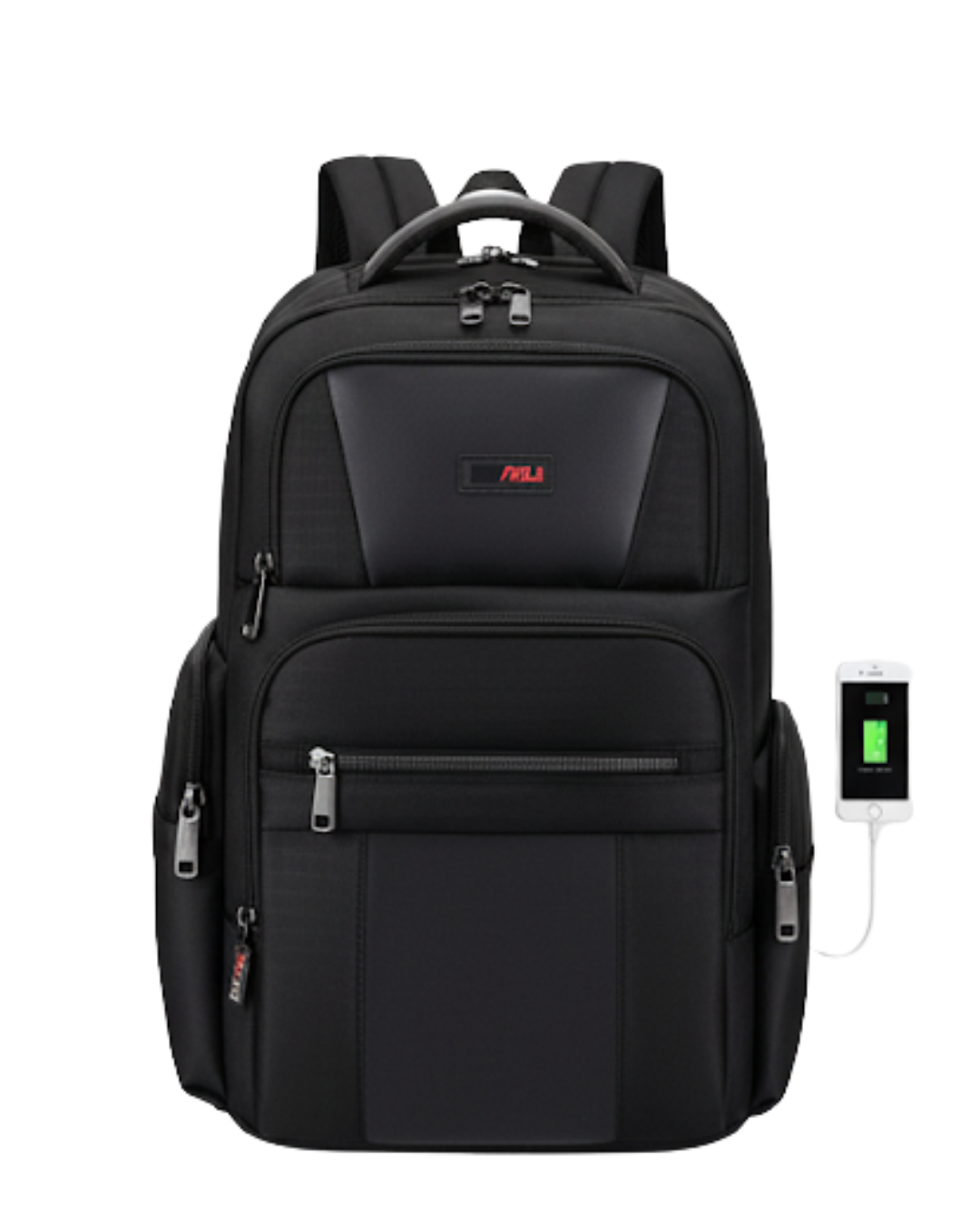 Mochila ejecutiva negra de gran capacidad con múltiples compartimentos frontales, puerto de carga USB lateral conectado a un teléfono móvil, asa superior reforzada y diseño ergonómico.