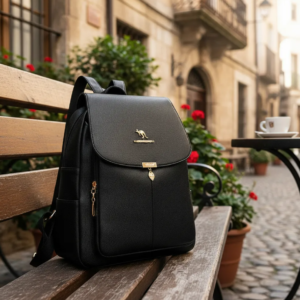 Mochila de cuero negro texturizado para mujer con logotipo dorado de canguro, herrajes de lujo y diseño de solapa clásica, situada sobre un banco de madera en una calle europea.