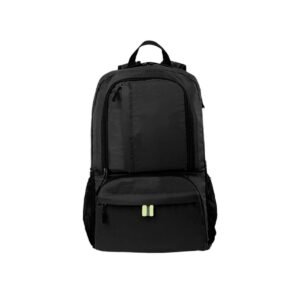Morral deportivo plegable de color negro, fabricado en tela técnica delgada y brillante, con correas de malla transpirable y diseño compacto ideal para senderismo o viajes.
