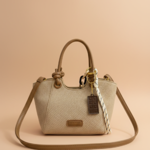 Bolso de mano con cuerpo de textura en relieve de espiga, asas tubulares con nudos decorativos en las bases y una correa de hombro delgada ajustable.