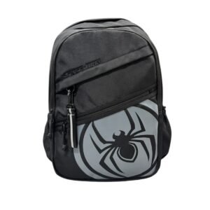 Morral escolar y juvenil con diseño de Spider-Man, panel frontal con logo de araña en gris sobre fondo oscuro, múltiples bolsillos con cremalleras diagonales y tiradores de cuerda.