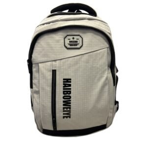 Morral de color gris claro con textura de cuadrícula técnica, marca HAIBOWEIYE impresa verticalmente en negro, bolsillo frontal con cremallera vertical y asa acolchada.