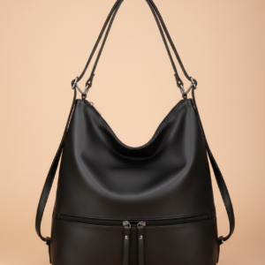 Bolso de hombro estilo hobo en textura lisa con acabados metálicos, cremalleras frontales decorativas y correa ajustable.
