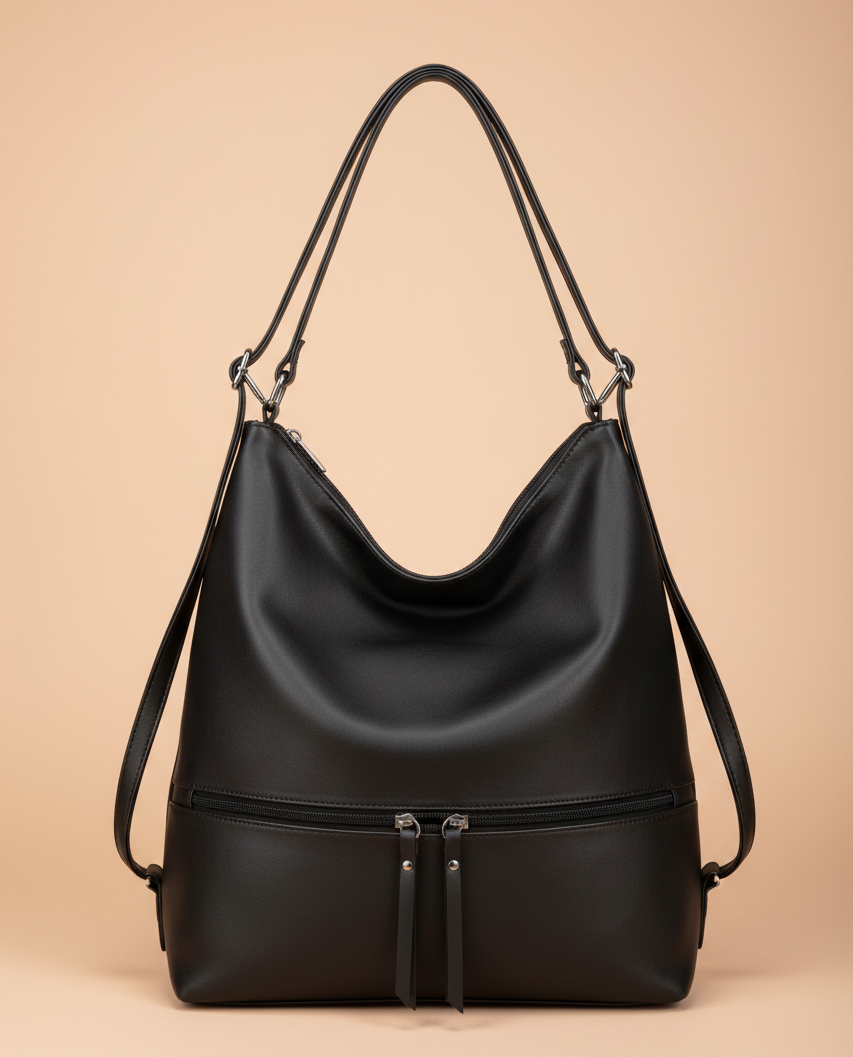 Bolso de hombro estilo hobo en textura lisa con acabados metálicos, cremalleras frontales decorativas y correa ajustable.