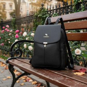 Mochila de estilo elegante con solapa redondeada, acabado en textura de grano fino, herraje metálico de animal y correas de hombro delgadas ajustables.