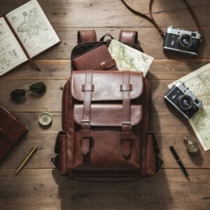 Morral de cuero sintético color café terracota con diseño vintage, solapa superior con correas de hebilla oscuras, bolsillos laterales con cierre de broche y bolsillo frontal estructurado, sobre una banca de madera en un bosque.