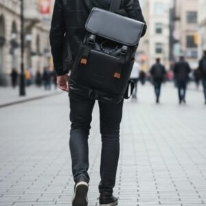 Morral de diseño limpio y estructurado con solapa superior, cierres magnéticos y hebillas metálicas en las correas, bolsillo frontal con cremallera y asa superior.