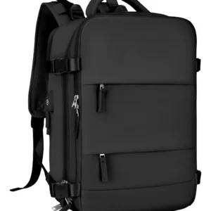 Maleta morral de color negro con diseño rectangular, apertura de 180 grados tipo maleta, correas de compresión con hebillas laterales, múltiples compartimentos con cremalleras y panel trasero acolchado.