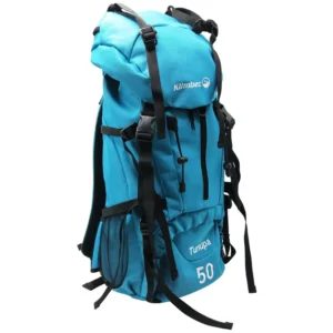 Morral de camping azul marca Klimber modelo Tunupa de 50 litros, con correas de compresión, malla lateral, diseño técnico para senderismo y trekking, vista de perfil.